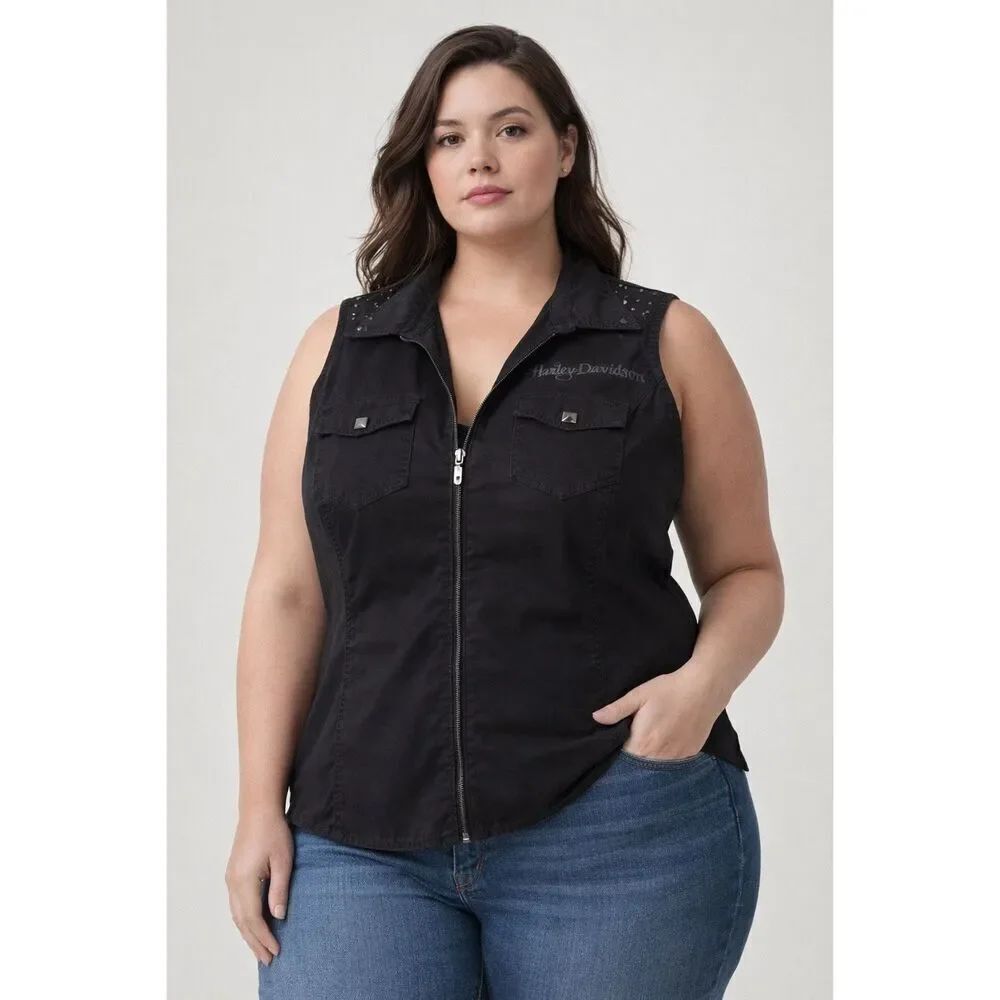 Harley Davidson Womens 1W Black Studded Moto Vest Graphic Back - Picture 2 of 14